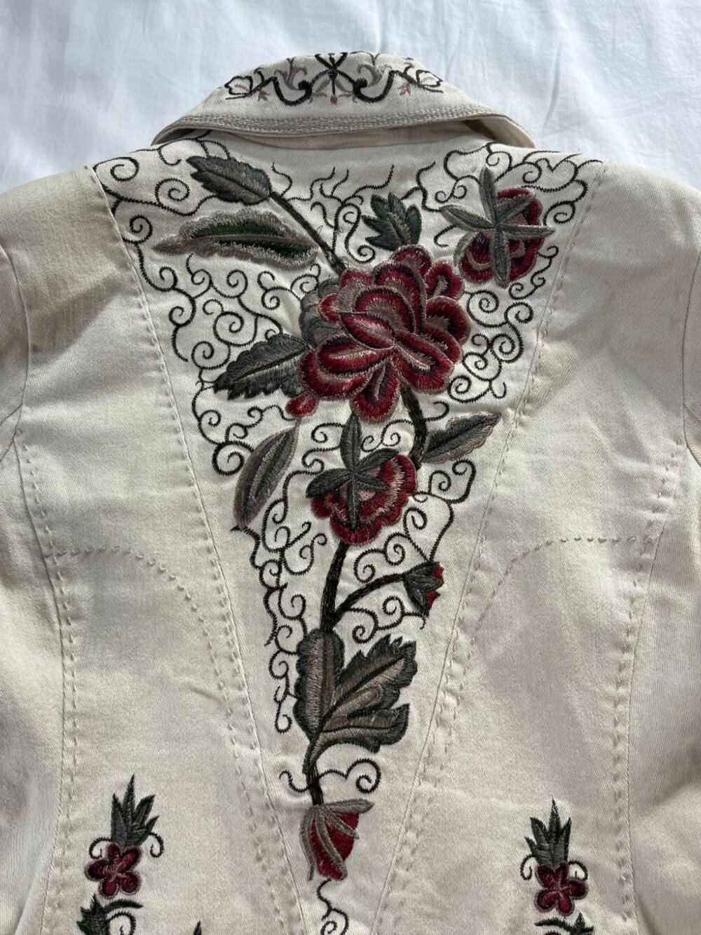 Paparazzi Beige Floral Embroidered Boho Button Down Long Jacket | Size L - Picture 9 of 13